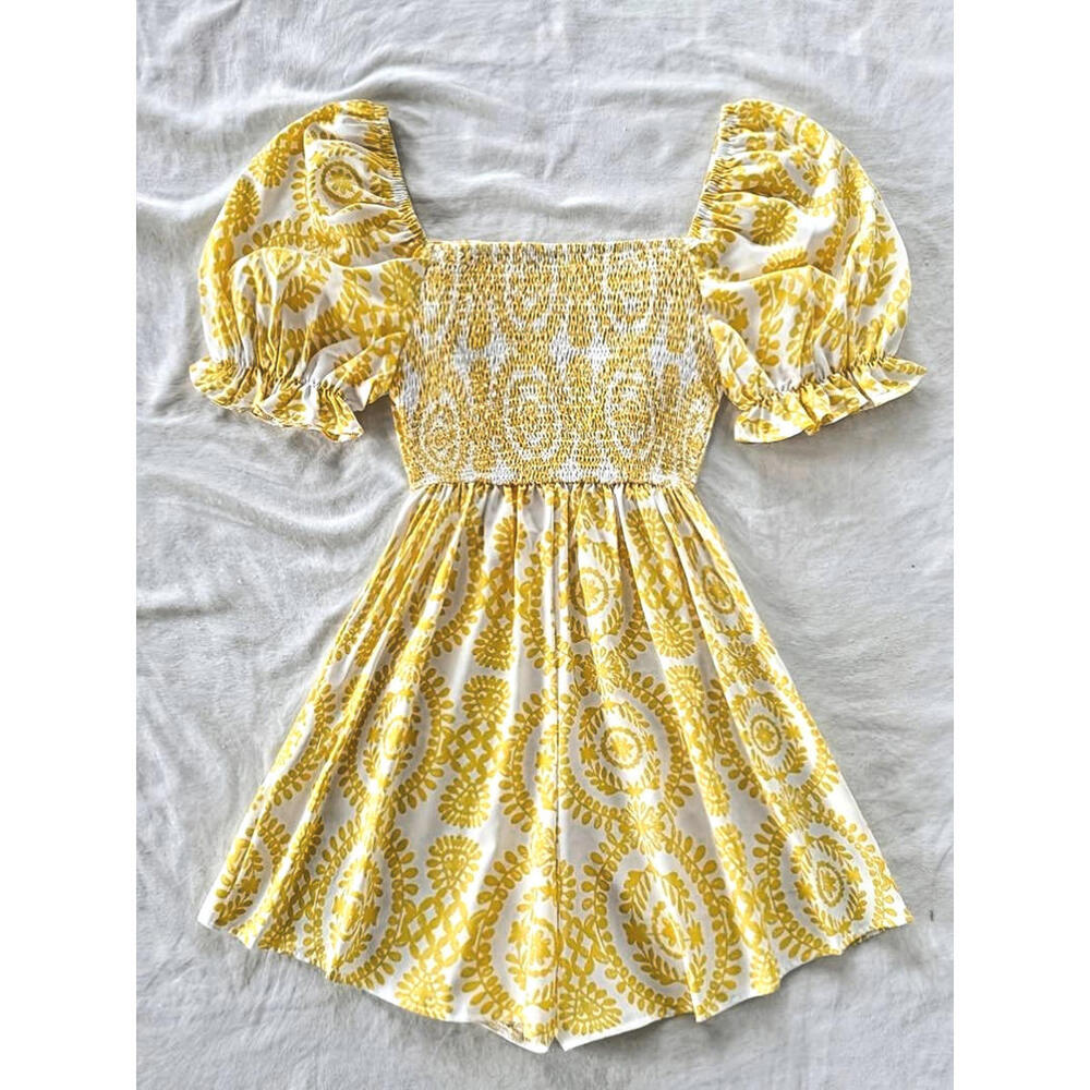 Womens NEW Yellow Outfit Jumper Romper Lolita Size Large Pixie Shorts Puff Arm